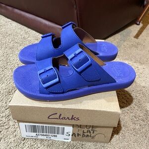 Clarks Paylor Pax Blue Slides Sandal Adjustable Women’s Size 6M Box Soft Cushion